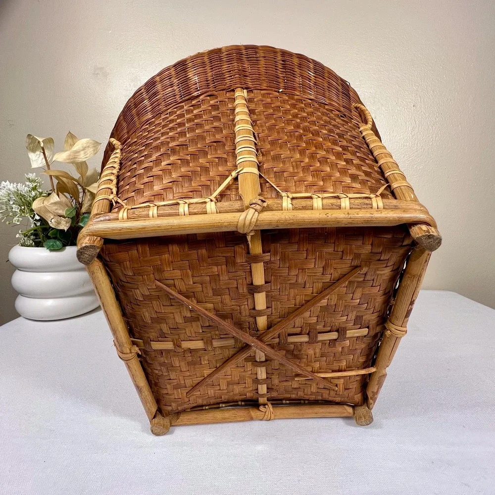 Vintage Dark Brown Woven Wicker Rattan and Bamboo Basket
